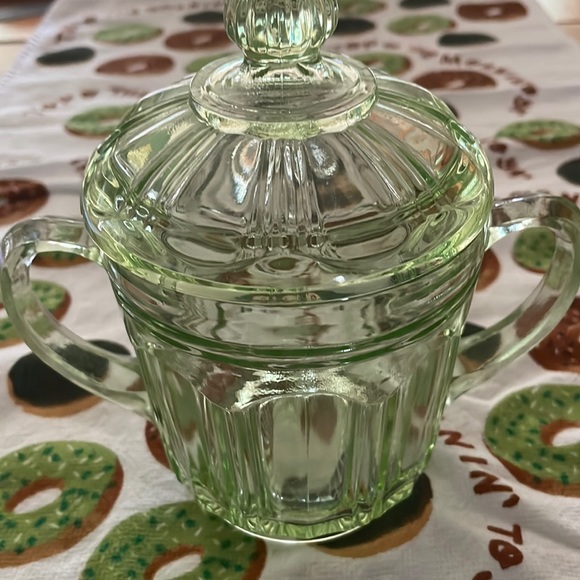 1930 ish Art deco anchor hocking glass green lidded sugar bowl - Picture 2 of 8